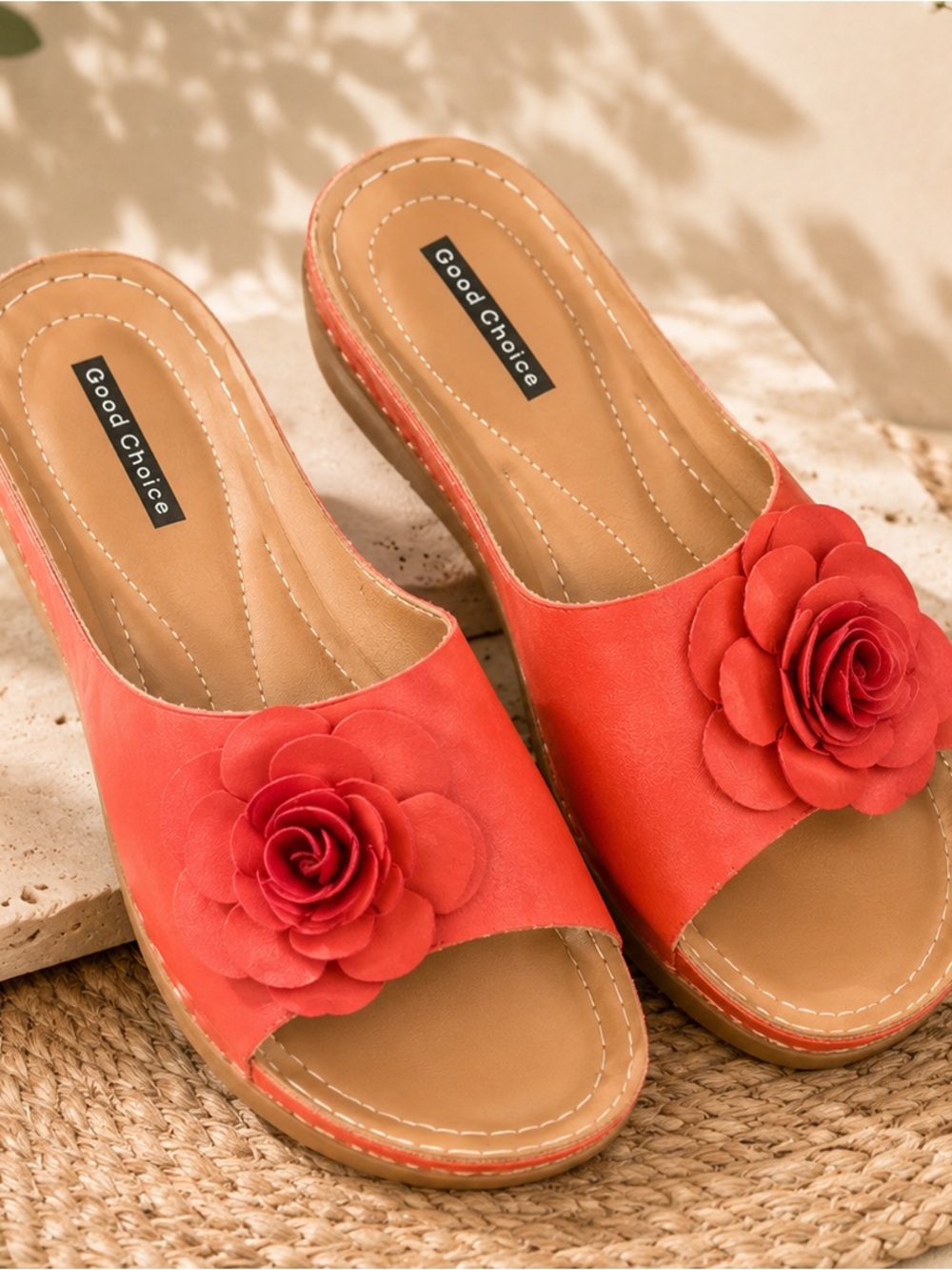 Good Chic Coral Slide Sandals with Rose Applique